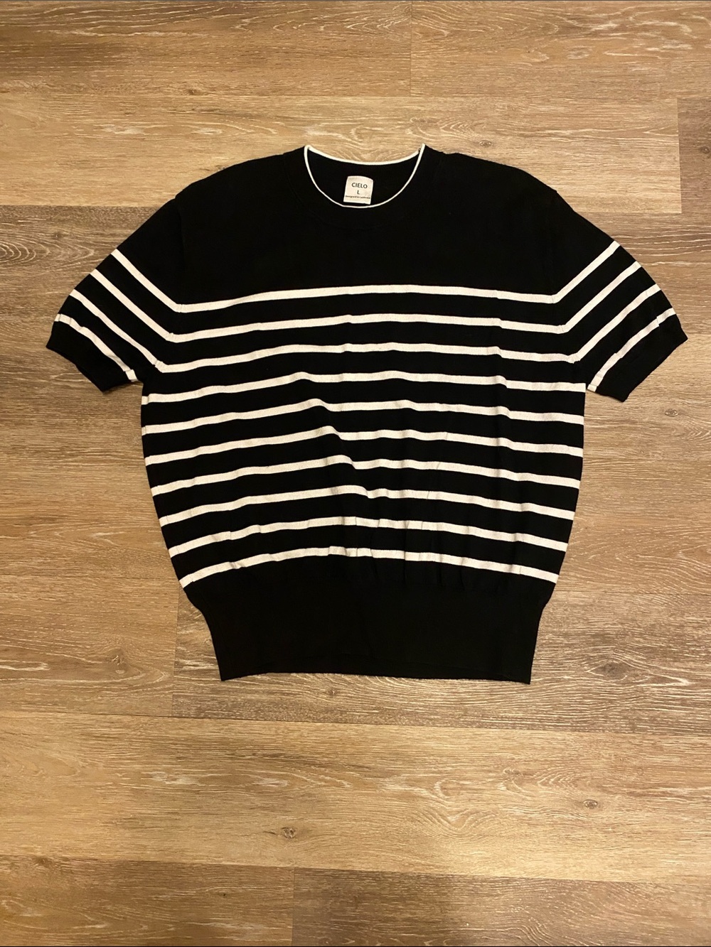 Cielo Black and White Striped Crewneck Sweater